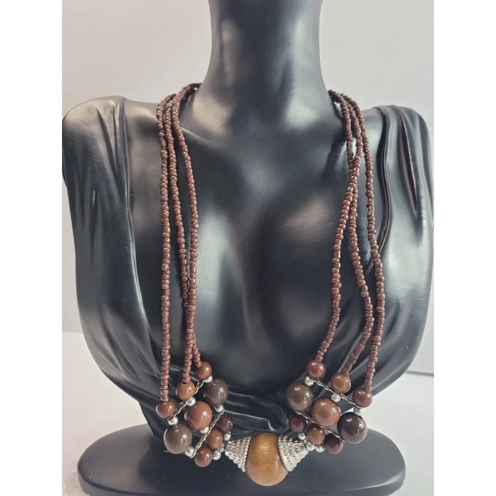 Brown Multi Strand Beaded Necklace Silver Tone Boho Statement Tribal Style